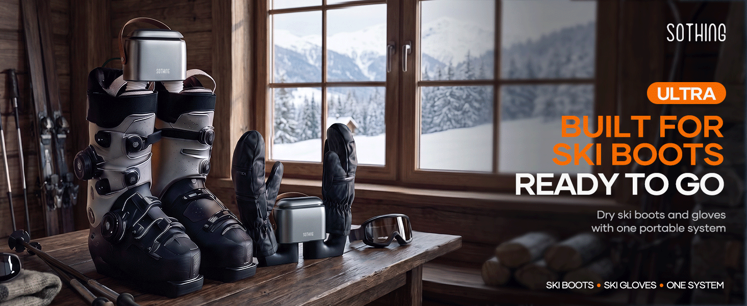 Original Ski Kit scene: ski boots, gloves and winter equipment by a snowy lodge window