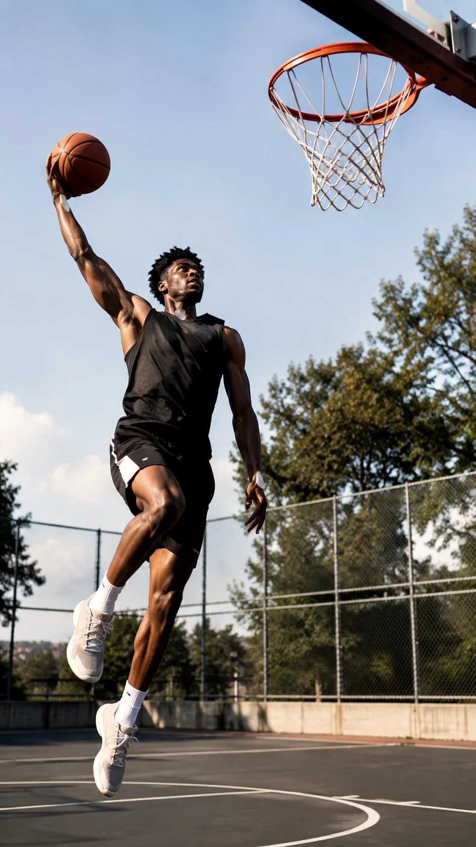 Basketball player jumping toward an outdoor hoop