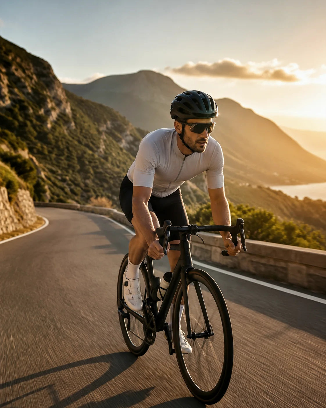 Cyclist riding on a mountain road