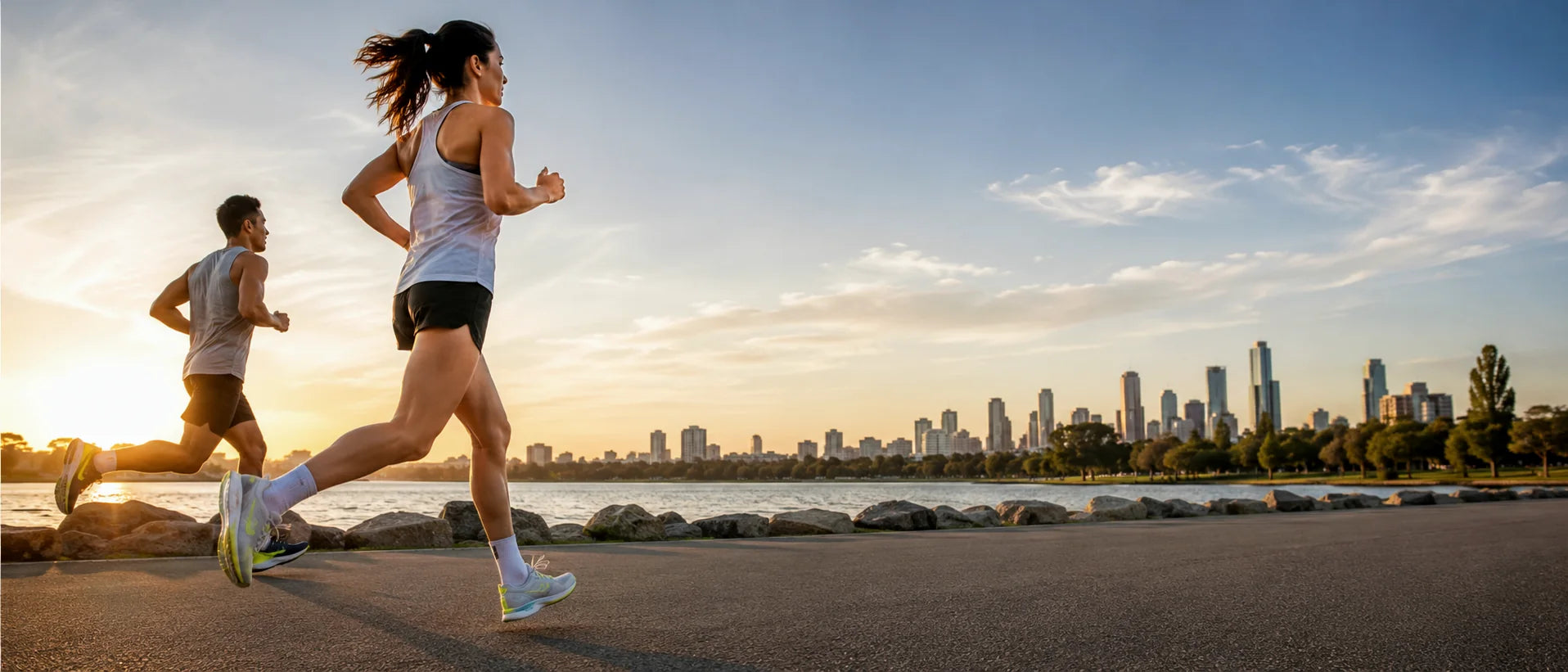Two runners training beside the waterfront at sunset
