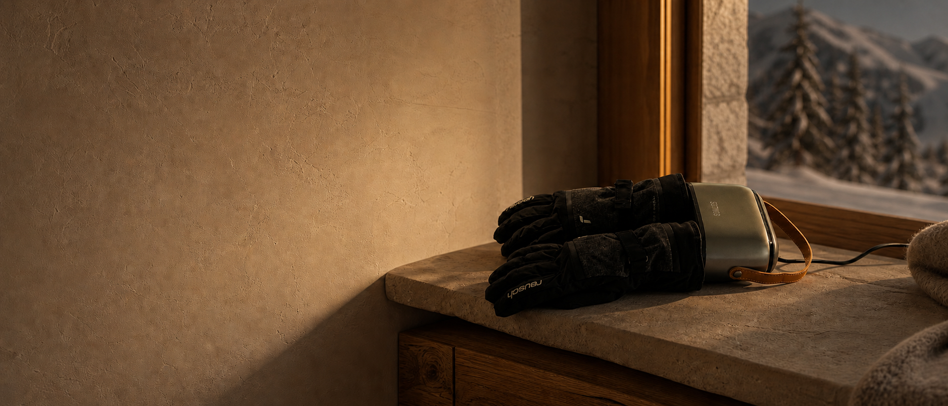 SOTHING Ultra boot dryer with ski gloves in an alpine lodge